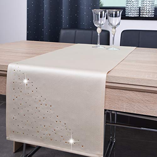 DECOOR - schmutzabweisendes Tischläufern, 40 x 140 cm, Beige, veredelt mit einem ästhetischen Rückseite auf 1 cm, verziert mit Kristallen, Gewebe 200 g/m², 100% Polyester, hergestellt in der EU von DECOOR