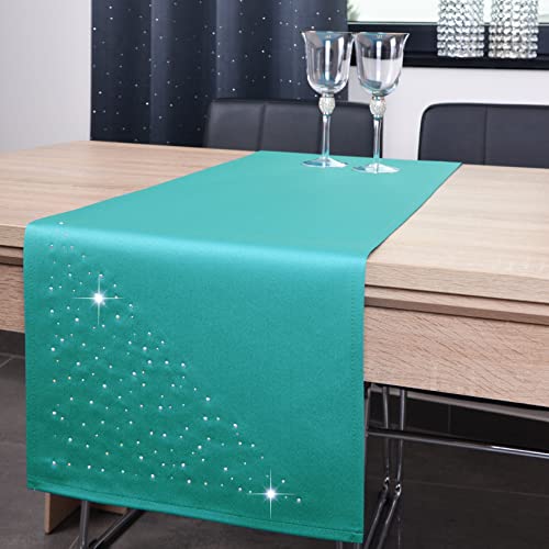 DECOOR - schmutzabweisendes Tischläufern, 40 x 160 cm, Mint, veredelt mit einem ästhetischen Rückseite auf 1 cm, verziert mit Kristallen, Gewebe 200 g/m², 100% Polyester, hergestellt in der EU von DECOOR