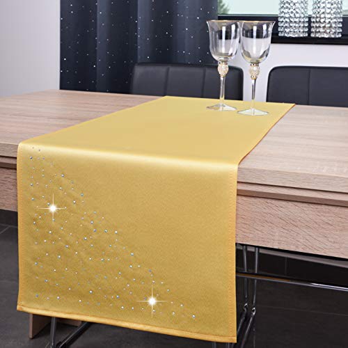 DECOOR - schmutzabweisendes Tischläufern, 40 x 180 cm, Dunkelgelb, veredelt mit einem ästhetischen Rückseite auf 1 cm, verziert mit Kristallen, Gewebe 200 g/m², 100% Polyester, hergestellt in der EU von DECOOR