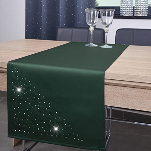 DECOOR - schmutzabweisendes Tischläufern, 40 x 180 cm, Dunkelgrün, veredelt mit einem ästhetischen Rückseite auf 1 cm, verziert mit Kristallen, Gewebe 200 g/m², 100% Polyester, hergestellt in der EU von DECOOR