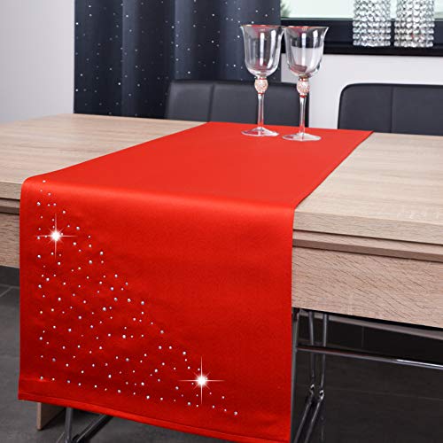 DECOOR - schmutzabweisendes Tischläufern, 40 x 180 cm, Rot, veredelt mit einem ästhetischen Rückseite auf 1 cm, verziert mit Kristallen, Gewebe 200 g/m², 100% Polyester, hergestellt in der EU von DECOOR