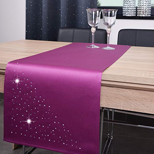 DECOOR - schmutzabweisendes Tischläufern, 40 x 180 cm, Violett, veredelt mit einem ästhetischen Rückseite auf 1 cm, verziert mit Kristallen, Gewebe 200 g/m², 100% Polyester, hergestellt in der EU von DECOOR