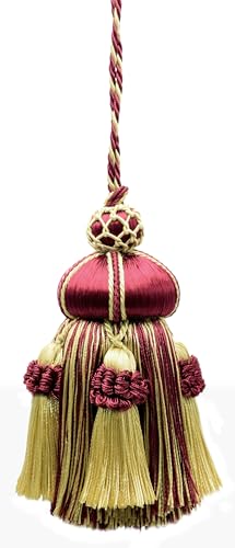 Elegante handgefertigte 10 cm Schlüsselquaste, 8,5 cm Schlaufe, akzentuiert mit Kronenquasten (Stil # KTAX4) Burgunderrot Gold Rot Mehrfarbig #1253 (Karminrot, Gelbgold, Dunkelrot) einzeln Verkauft von DÉCOPRO