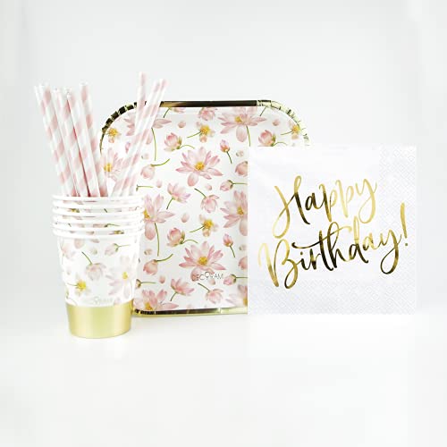 DECORAMI Premium Partygeschirr Gesamt Set 118-TLG. | Happy Birthday Deko Geburtstag | aus Papier/Pappe, nachhaltig | Pappgeschirr Set | Einweggeschirr | Blüten Print | weiß rosa Gold Blumen von DECORAMI - celebrate happy times