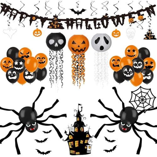 DECORLIFE Halloween-Party-Dekorationen, Halloween-Dekorationen für den Innenbereich, Klassenzimmer-Auto, inklusive Happy Halloween-Banner, Drahtlaternen, hängende Wirbel, Schloss und Fledermäuse, von DECORLIFE