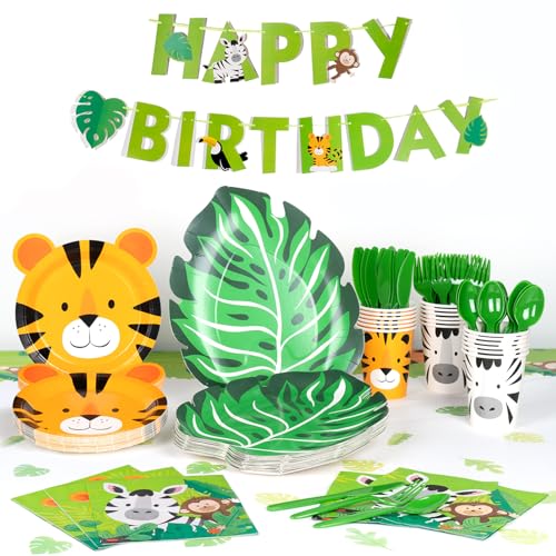 DECORLIFE Safari-Babyparty-Dekorationen, Tier-Dschungel-Partyteller, perfekt für 24 Personen, inklusive Servietten, Tischdecke, Besteck-Sets, Banner, Tassen, 170 Stück von DECORLIFE