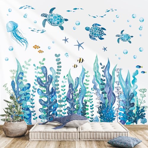 DECOWALL DS12-8084 Wandtattoos Seegras und Meerestieren blau bunte Fische Schildkröte Ozean Quallen Wandaufkleber Baby Kinderzimmer Kinder Schlafzimmer abnehmbare abziehen und aufkleben tropischen von DECOWALL