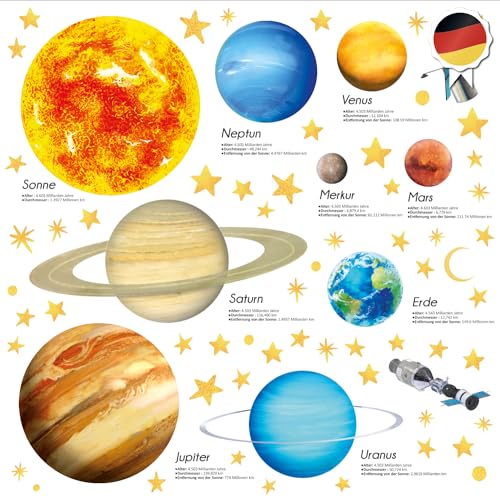 DECOWALL DS9-2007DE Sonnensystem Wandtattoo Kinder Zimmer Dekoration Wohnzimmer Schlafzimmer Spielzimmer Dunkel Erde Sonnenspielraum Bildung Baby Jungen Mädchen Stern (deutsche Version) von DECOWALL