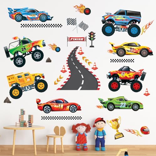 DECOWALL DS9-8083 Wandtattoos Rennautos Transporte Aufkleber Jungenzimmer Fahrzeuge Kinderzimmer Schlafzimmer Spielzimmer bunt Spielzeug Straße Abziehen und ankleben abnehmbar Heimdekoration von DECOWALL