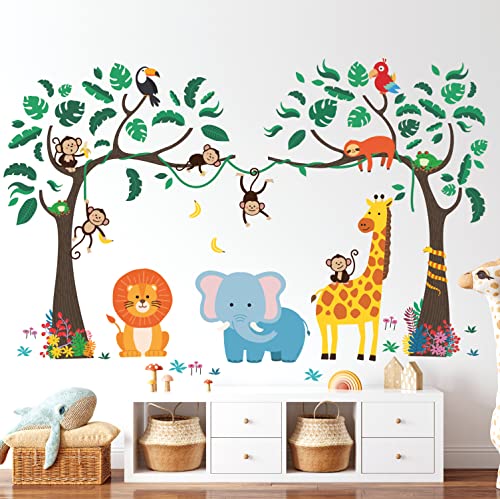 DECOWALL SG-2112 Dschungelbaum und Tiere Kinder Wandaufkleber Abziehbilder Wandtattoo Abziehen und Aufkleben Abnehmbar für Kinderzimmer Schlafzimmer Wohnzimmer Kunst Wandbilder Dekorationen von DECOWALL