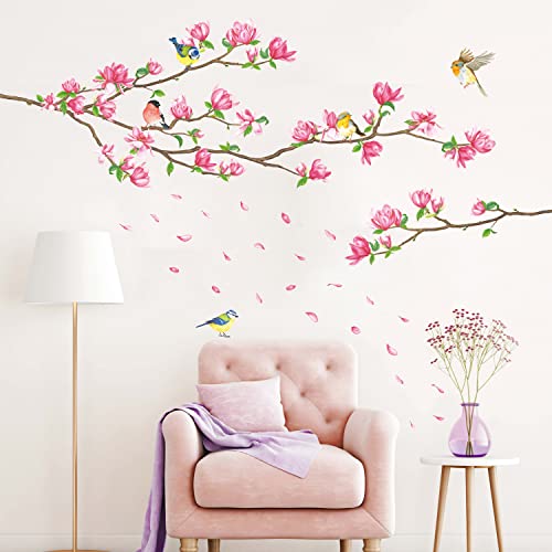 DECOWALL SG-2117 Kirschblüte Wandtattoo Hängende Wandaufkleber Rosa Blumen Äste Vögel Wandsticker Schlafzimmer Wohnzimmer Fenster Wanddeko von DECOWALL