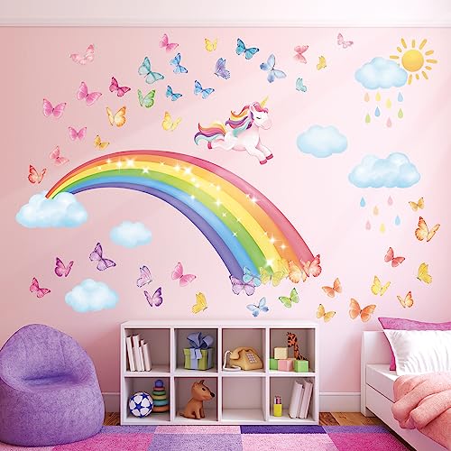 DECOWALL SG2-2309 Regenbogen Wandtattoo Einhorn Wandaufkleber Wolken Schmetterlinge Mädchen Kinder Wandsticker für Mädchenzimmer Kinderzimmer Babyzimmer Wanddeko von DECOWALL