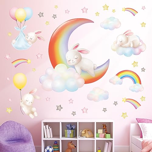 DECOWALL SG2-2313 Regenbogenmond Wolken Wandtattoo Kaninchen Wandaufkleber für Kinderzimmer Heimdekoration Kunst Babyzimmer Jungen Mädchen Farbe Spielzimmer Schlafzimmer niedlich von DECOWALL