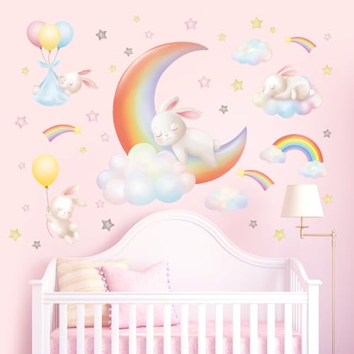 DECOWALL SG2-2313 Regenbogenmond Wolken Wandtattoo Kaninchen Wandaufkleber für Kinderzimmer Heimdekoration Kunst Babyzimmer Jungen Mädchen Farbe Spielzimmer Schlafzimmer niedlich von DECOWALL