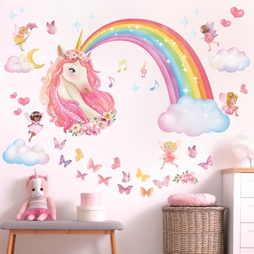 DECOWALL SG2-2321 Regenbogen und Einhorn Wandtattoo Wolken Schmetterlinge Kinder Mädchen zimmer Kinderzimmer Babyzimmer Wanddeko bunt Wohnkultur von DECOWALL