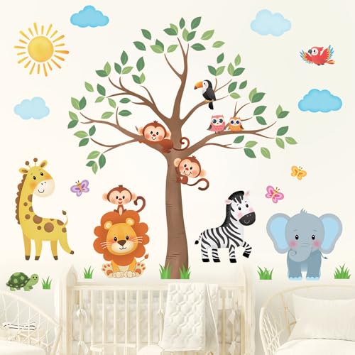 DECOWALL SG2-2323 Tieren und Bäumen Wandtattoo Kinder Abziehen und Aufkleben Abnehmbar für Kinderzimmer Schlafzimmer Wohnzimmer Baby dekor Dschungel von DECOWALL