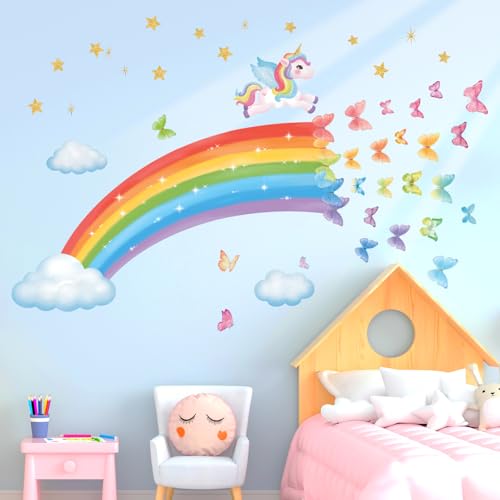 DECOWALL SG2-2401 Regenbogen Wandaufkleber Einhorn Wandtattoo Schmetterlinge Sterne Wolken Wandsticker für Kinderzimmer Babyzimmer Mädchen Wanddeko Schlafzimmer Mädchenzimmer deko geschenke von DECOWALL