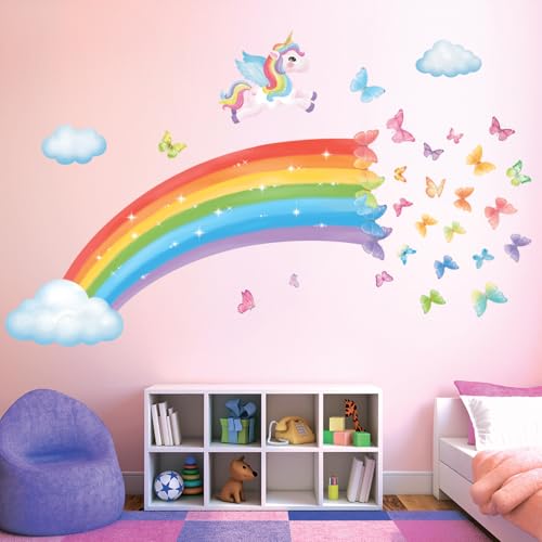 DECOWALL SG2-2401 Regenbogen Wandaufkleber Einhorn Wandtattoo Schmetterlinge Sterne Wolken Wandsticker für Kinderzimmer Babyzimmer Mädchen Wanddeko Schlafzimmer Mädchenzimmer deko geschenke von DECOWALL