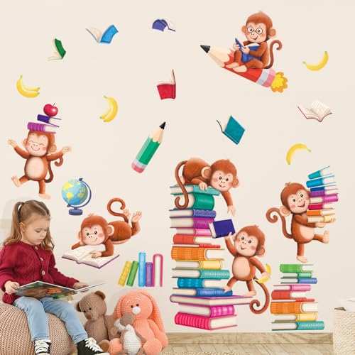 DECOWALL SG2-2402 Lesen Bücher Affe Wandtattoo Kinderzimmer Affen Wandaufkleber Tiere Wandsticker für Kinder Babyzimmer Schlafzimmer Wohnzimmer Klassenzimmer Bibliothek Spielzimmer Wanddeko von DECOWALL