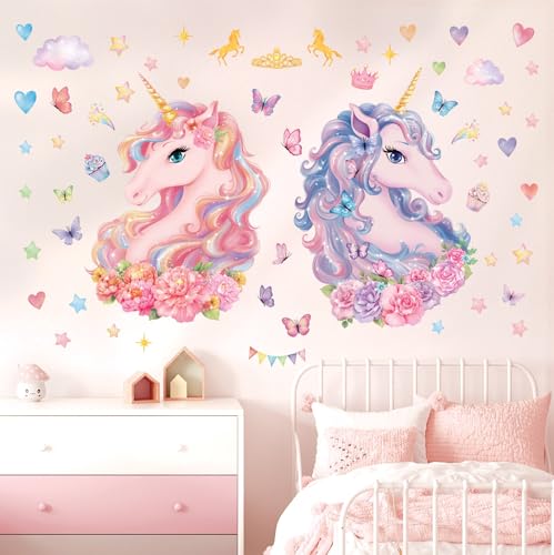 DECOWALL SG2-2412 Zwei große Einhörner Wandtattoo Kinderzimmer Deko Home Art Rosa Mädchen Babyzimmer Regenbogen Schlafzimmer Bunte Dekoration Tiere von DECOWALL