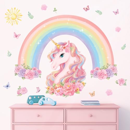 DECOWALL SG2-2413 Großer Regenbogen und Einhorn Wandtattoo fürs Kinderzimmer Dekoration für Zuhause Kunst Rosa Mädchenzimmer Baby Regenbogen Schlafzimmer bunte Dekorationen Tiere Spielzimmer von DECOWALL