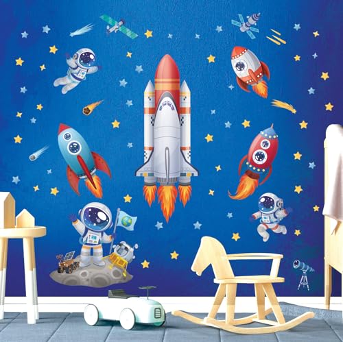 DECOWALL SG2-2416 Raketen und Astronauten Wandtattoo Weltraum Wandaufkleber Kinderzimmer Wohnkultur Kinder Baby Jungen Schlafzimmer Spielzimmer Dunkle Sterne Mond Planeten von DECOWALL