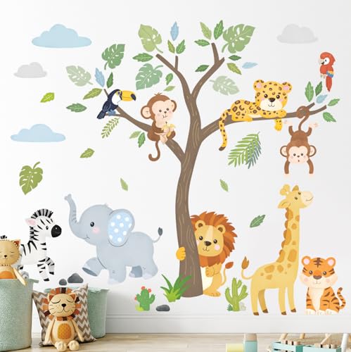 DECOWALL SG2-2418 Wandtattoos mit Safaritieren und Bäumen Dschungel-Dekorationen Babyzimmer Spielzimmer Klassenzimmer abziehen und aufkleben abnehmbar Kinderzimmer Schlafzimmer Kinder Wald von DECOWALL