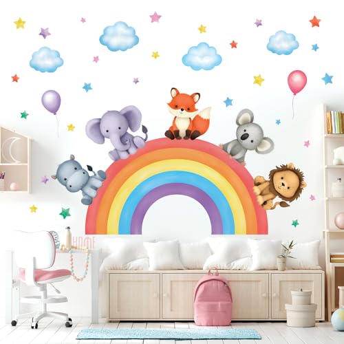 DECOWALL SG3-2318 Regenbogen Kinderzimmer Wandtattoo (146x100cm) Tiere Sterne Wandsticker Selbstklebend Wandtattoo, Wandaufkleber, Wanddeko für Kinder Babyzimmer Deko von DECOWALL