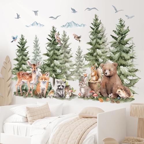 DECOWALL SG4-2422 Wandtattoos mit Kiefern und Waldtieren Berg Wald Wald Tier Hirsch Fuchs Wand Aufkleber Kinder gemütliche Zimmer Kinderzimmer Schlafzimmer Spielzimmer Dekor von DECOWALL