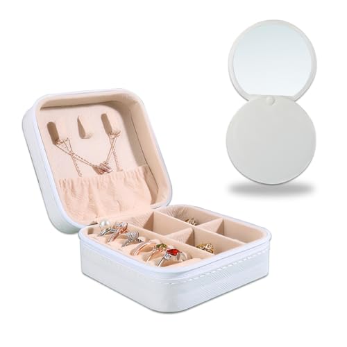 DECUIOCC Schmuckkästchen für Damen,Schmuckschatulle Reise mit Klappspiegel, Klein PU-Leder Schmuckaufbewahrung Schmuckkoffer,Mini Schmuckbox Reise für Ohrringe, Ringe, Halsketten, Weiß von DECUIOCC