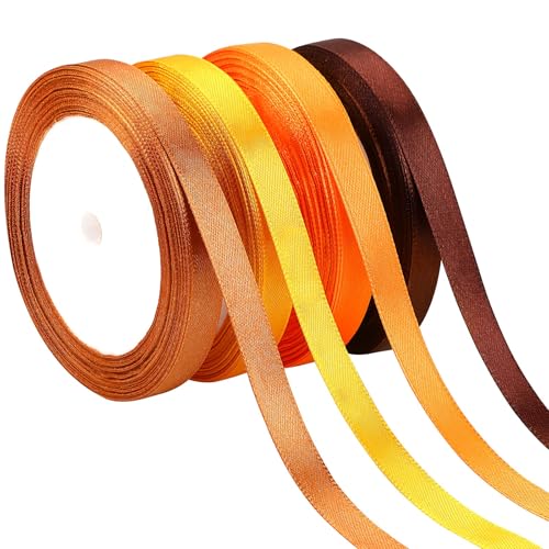 DECYOOL Herbstbänder, 4 Rollen, 91,4 m, Herbst-Satinbänder, 10 mm breit, Herbst-Thanksgiving-Band für Geschenkverpackungen und Bastelarbeiten (Orange, Gelb, Braun) von DECYOOL