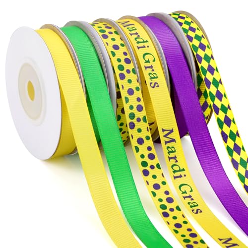 DECYOOL Mardi Gras Band, 6 Rollen 60 Yards Mardi Gras Ripsbänder 10mm Breit Grün Lila Gelb Bastelband für Geschenkverpackungen Karneval Party Home Dekorationen von DECYOOL