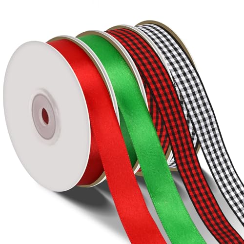 DECYOOL Weihnachtsbänder, 4 Rollen 91,4 m, Weihnachts-Satinbänder, 15 mm breit, für Geschenkverpackungen und Weihnachtsdekoration, rot & grün & rot schwarz kariert & schwarz weiß kariert von DECYOOL