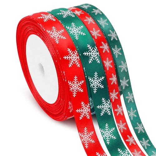 DECYOOL Weihnachtsbänder, 4 Rollen 91,4 m, Weihnachts-Schneeflockenbänder für Geschenkverpackungen, 10 mm und 15 mm breit, rotes und grünes Satinband zum Basteln, Stoff-Weihnachtsband für den Urlaub von DECYOOL