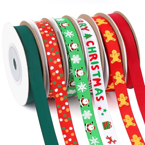 DECYOOL Weihnachtsband, 6 Rollen, 60 Meter Schneeflocken, Weihnachtsmann, Lebkuchenmann, Punkte, Band für Weihnachtsbasteln, 10 mm breit, Weihnachts-Ripsbänder für Geschenkverpackungen, von DECYOOL