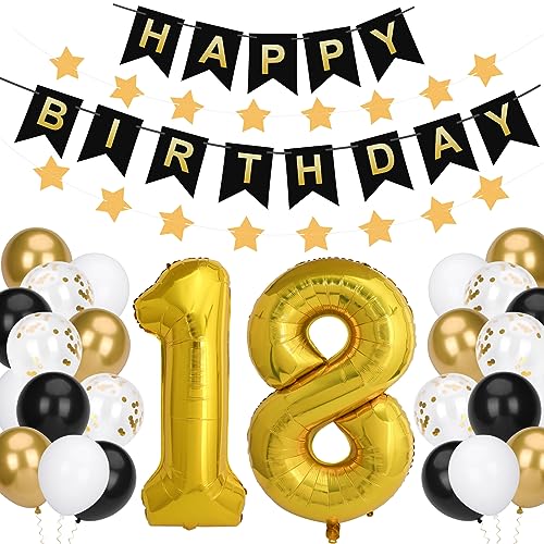 Deeplee 18 Geburtstag Deko Luftballons Set, Geburtstagsbanner, 12" Schwarz Gold Ballons mit Goldene Konfetti-Luftballons Sternornament und Schnur für die Partydekoration zum 18. Geburtstag Mann Frau von Deeplee