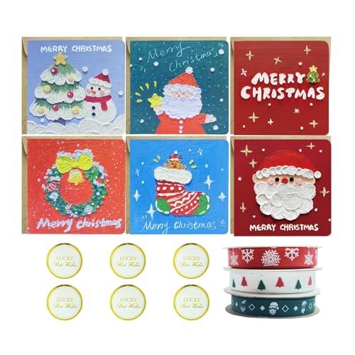 DEFORAGE 21-teiliges Weihnachts-Geschenkpapier-Set, 3 Rollen Weihnachtsband, 6 Grußkarten, 6 Umschläge und 6 Verschlüsse für die Herstellung von Urlaubsbasteln, bedruckte Ripsbänder von DEFORAGE