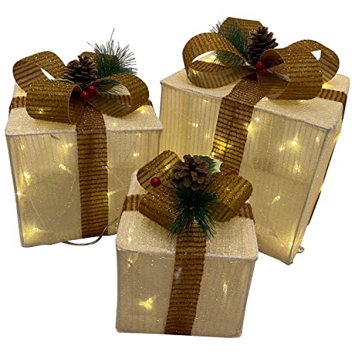 DEGAMO Weihnachtsdeko Päckchen 3-er Set mit 60x LED Beleuchtung, große Ausführung 25x25cm, beige mit braunen Schleifen, Innen und Außen von DEGAMO