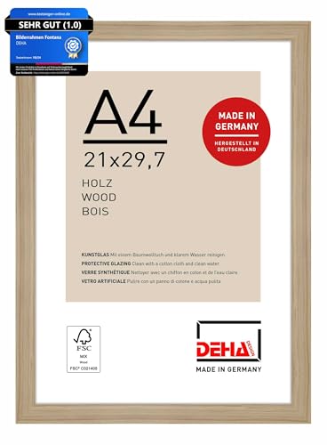 DEHA Design Bilderrahmen, 21 x 29,7 cm (A4), Holz, Eiche, Dokumentenrahmen zum Aufhängen im Hoch- & Querformat, bruchsicheres Kunstglas, Fontana von DEHA Design