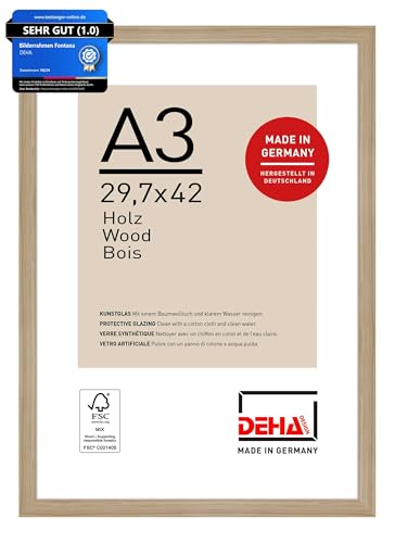 DEHA Design Bilderrahmen, 29,7 x 42 cm (A3), Holz, Eiche, Posterrahmen zum Aufhängen im Hoch- & Querformat, bruchsicheres Kunstglas, Fontana von DEHA Design