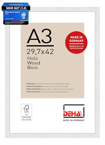 DEHA Design Bilderrahmen, 29,7 x 42 cm (A3), Holz, Weiß, Posterrahmen zum Aufhängen im Hoch- & Querformat, bruchsicheres Kunstglas, Fontana von DEHA Design