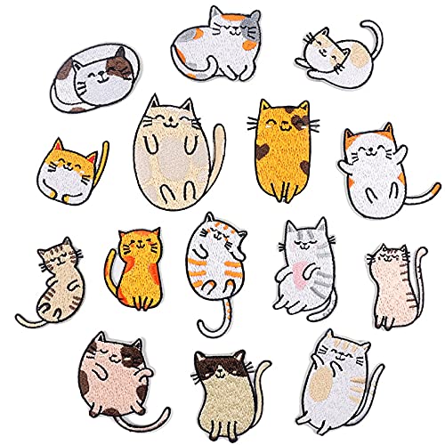 DEKLONPER Gestickte auf Patches, 15 StüCke Vivid SüßE Katze Stickerei Patches für Jeans Jacken NäHen Applikationen DIY ZubehöR von DEKLONPER
