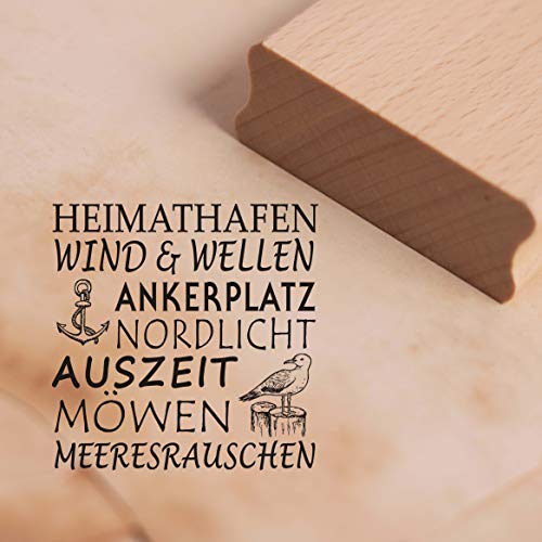 DEKO-LANDO Stempel Heimathafen - Möwe Anker Motivstempel, Quadratisch, Holzstempel, Natur, ca. 48 x 48 mm von DEKO-LANDO