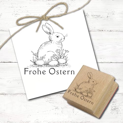 Dekolando Stempel Frohe Ostern - Motivstempel Ostereier Osterhase im Osternest - Holzstempel Osterstempel - Abdruck 40 x 40 mm von DEKO-LANDO