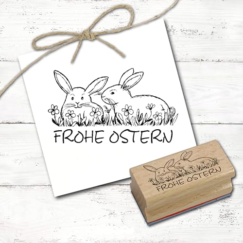 Dekolando Stempel Frohe Ostern - zwei Hasen im Gras - Motivstempel Osterhasen Holzstempel Osterstempel - Abdruck 48 x 28 mm von DEKO-LANDO