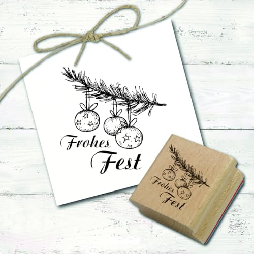 Dekolando Stempel Frohes Fest Tannenzweig mit Kugeln - Holzstempel Weihnachten Motivstempel Weihnachtsstempel Vintage - Abdruck 38 x 38 mm von DEKO-LANDO