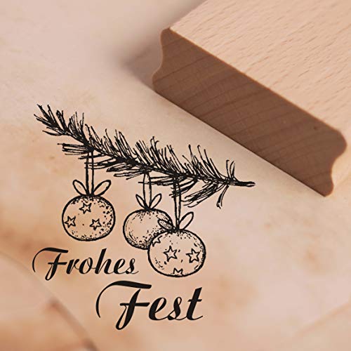 Dekolando Stempel Frohes Fest Tannenzweig mit Kugeln - Holzstempel Weihnachten Motivstempel Weihnachtsstempel Vintage - Abdruck 38 x 38 mm von DEKO-LANDO