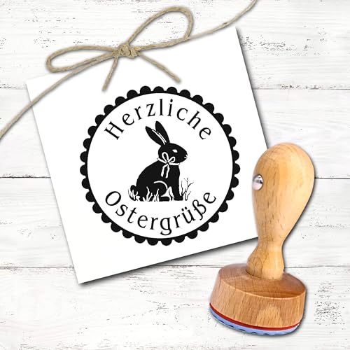 Dekolando Stempel Ostern Herzliche Ostergrüße - Holzstempel mit Motiv Osterhase Gruß - Abdruck Ø 40mm von DEKO-LANDO