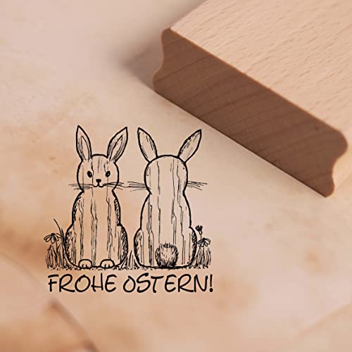 Motivstempel Frohe Ostern! Stempel Osterhasen im Gras Holzoptik 48 x 48 mm von DEKO-LANDO