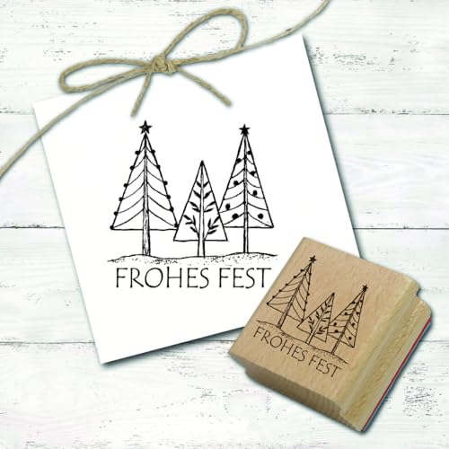 Dekolando Stempel Frohes Fest - geschmückte Tannenbäume - Motivstempel Holzstempel Weihnachtsstempel Tannen - Abdruck 48 x 48 mm von DEKO-LANDO